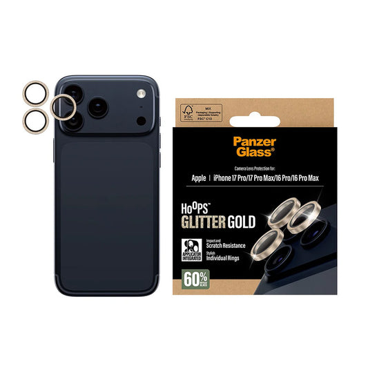 Защитно фолио за задна камера PanzerGlass Hoops Glitter за Apple iPhone 17 Pro Max / 17 Pro / 16 Pro Max / 16 Pro, Закалено стъкло, Златисто