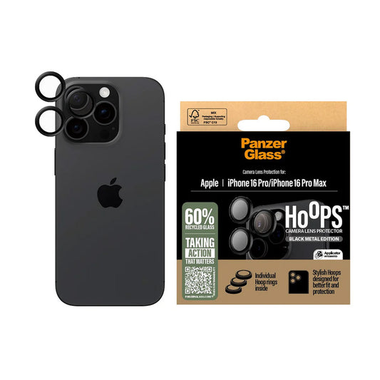 Защитно фолио за задна камера PanzerGlass Hoops за Apple iPhone 16 Pro Max / 16 Pro, закалено стъкло, черно.