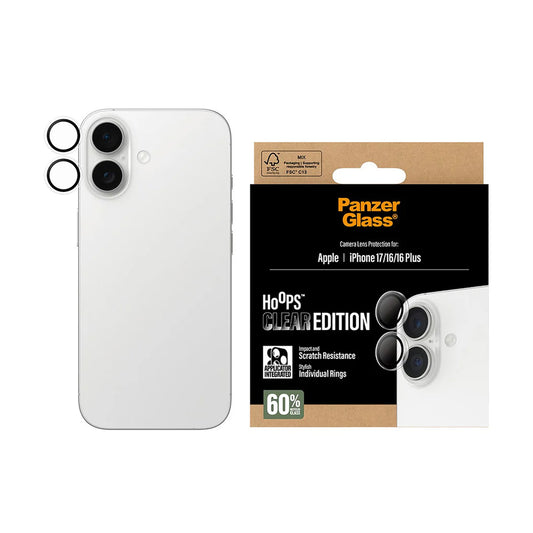 Защитно фолио за задна камера PanzerGlass Hoops за Apple iPhone 17 / 16 Plus / 16, Закалено стъкло, Прозрачно