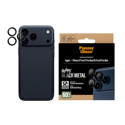 Защитно фолио за задна камера PanzerGlass Hoops за Apple iPhone 17 Pro Max / 17 Pro / 16 Pro Max / 16 Pro, Закалено стъкло, Черно