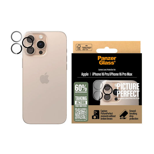 Защитно фолио за задна камера PanzerGlass PicturePerfect за Apple iPhone 16 Pro Max / 16 Pro, закалено стъкло, прозрачно.