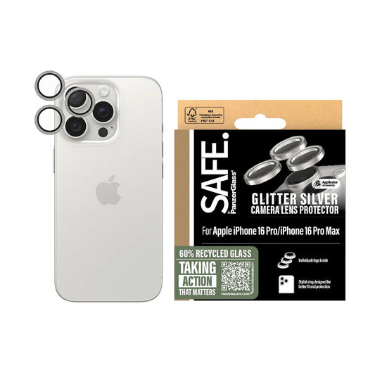 Фолио за защита на задната камера PanzerGlass Safe. Блясък за Apple iPhone 16 Pro Max / 16 Pro, Закалено стъкло, Сребристо