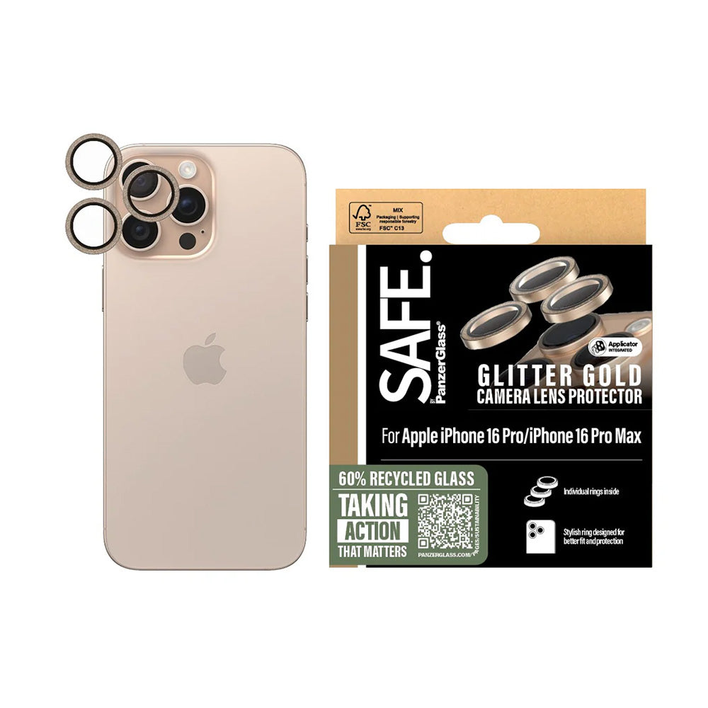 Фолио за защита на задната камера PanzerGlass Safe. Glitter за Apple iPhone 16 Pro Max / 16 Pro, Закалено стъкло, Златисто