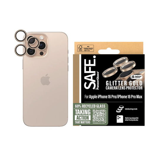 Фолио за защита на задната камера PanzerGlass Safe. Glitter за Apple iPhone 16 Pro Max / 16 Pro, Закалено стъкло, Златисто
