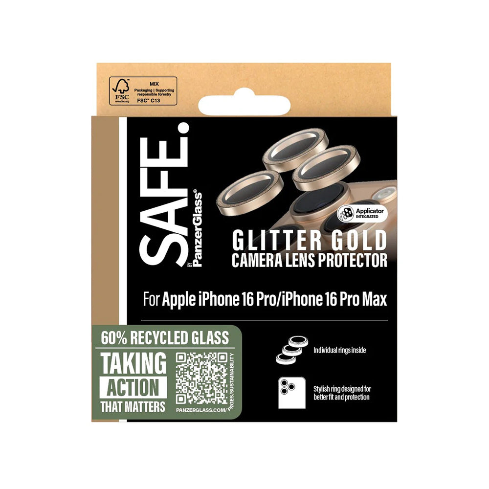 Фолио за защита на задната камера PanzerGlass Safe. Glitter за Apple iPhone 16 Pro Max / 16 Pro, Закалено стъкло, Златисто