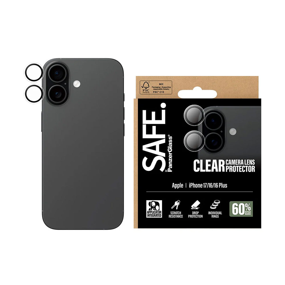 Защитно фолио за задна камера PanzerGlass Safe. за Apple iPhone 17 / 16 Plus / 16, Закалено стъкло, Прозрачно