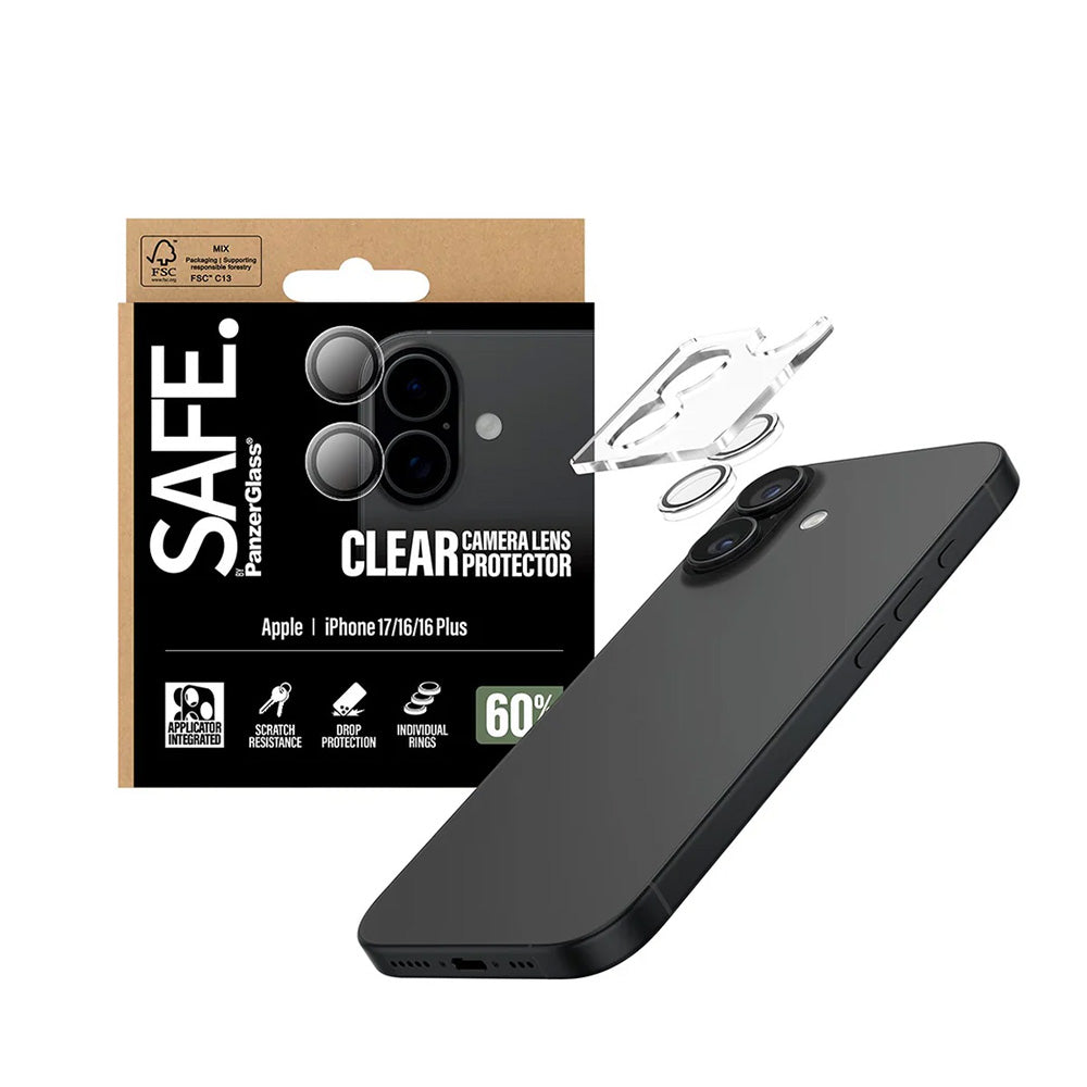 Защитно фолио за задна камера PanzerGlass Safe. за Apple iPhone 17 / 16 Plus / 16, Закалено стъкло, Прозрачно