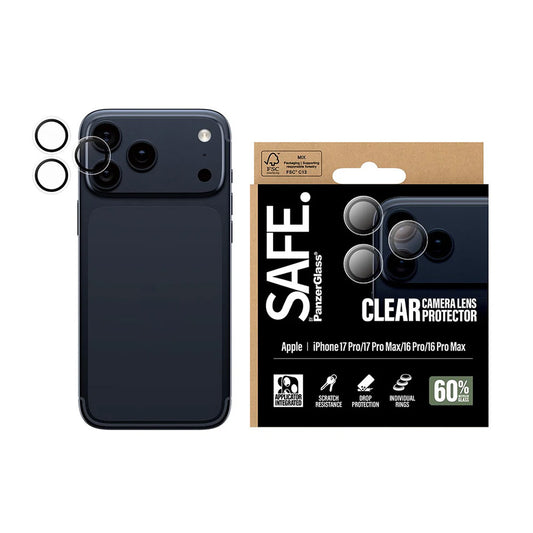 Защитно фолио за задна камера PanzerGlass Safe. за Apple iPhone 17 Pro Max / 17 Pro / 16 Pro Max / 16 Pro, Закалено стъкло, Прозрачно