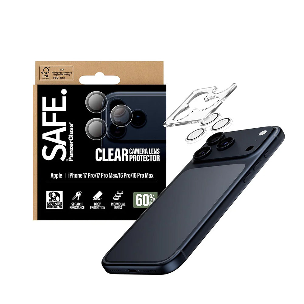 Защитно фолио за задна камера PanzerGlass Safe. за Apple iPhone 17 Pro Max / 17 Pro / 16 Pro Max / 16 Pro, Закалено стъкло, Прозрачно