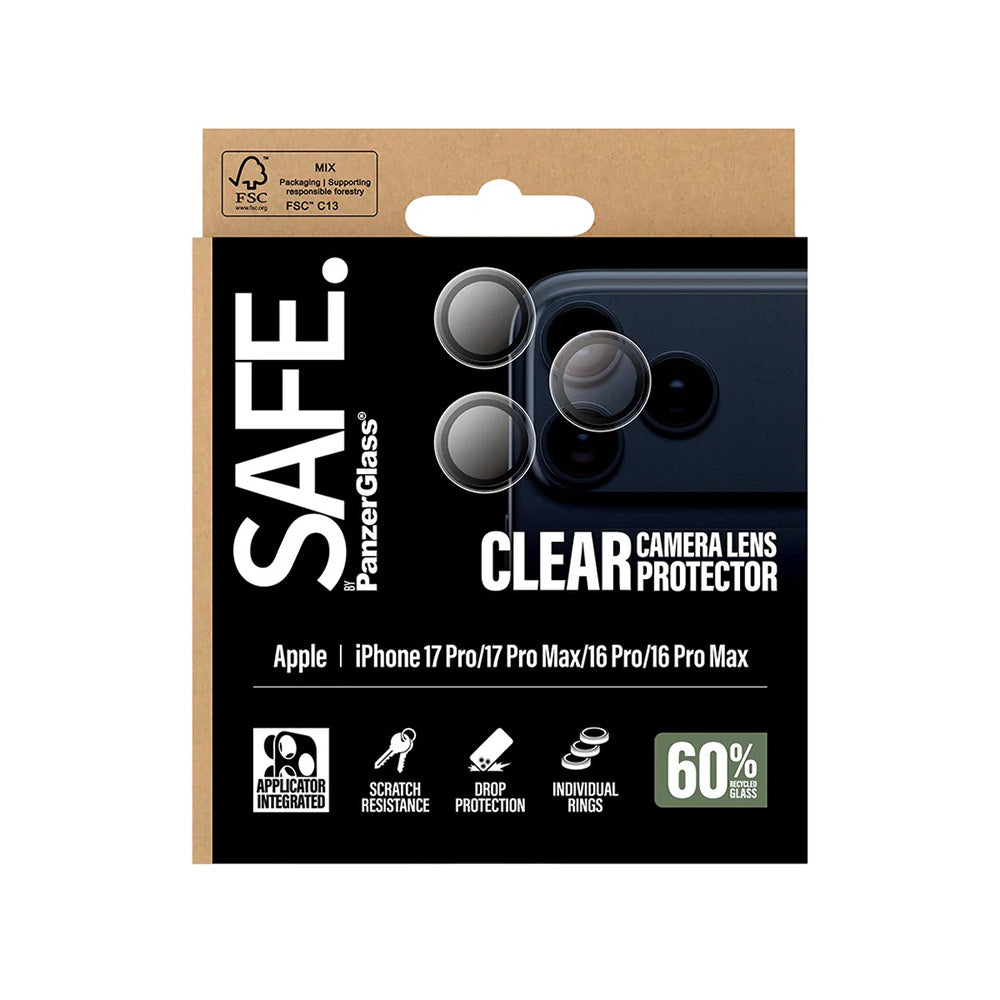 Защитно фолио за задна камера PanzerGlass Safe. за Apple iPhone 17 Pro Max / 17 Pro / 16 Pro Max / 16 Pro, Закалено стъкло, Прозрачно