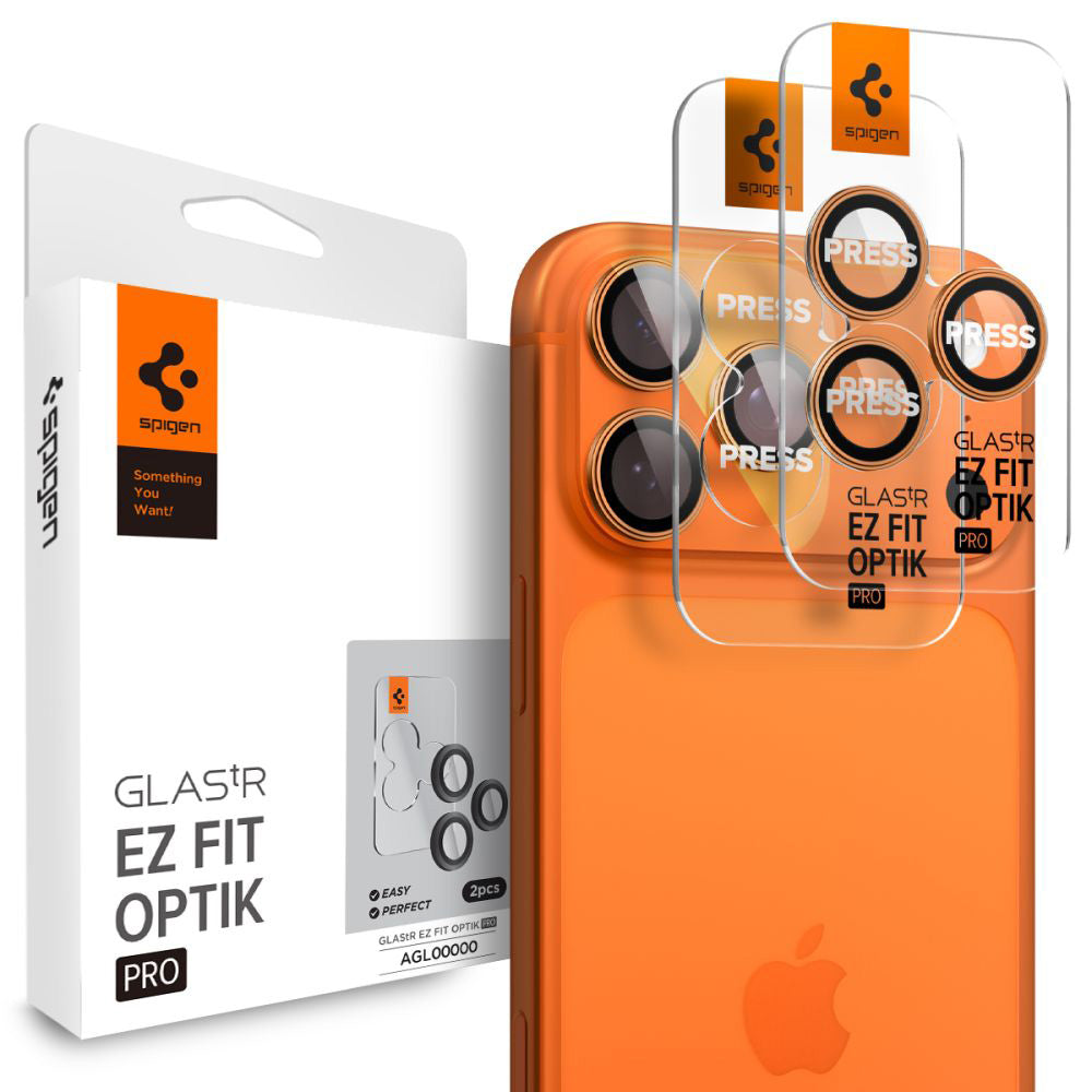 Защитно фолио за задна камера Spigen GlastR EZ FIT Optik Pro за Apple iPhone 17 Pro Max / 17 Pro, закалено стъкло, комплект от 2 броя, оранжево