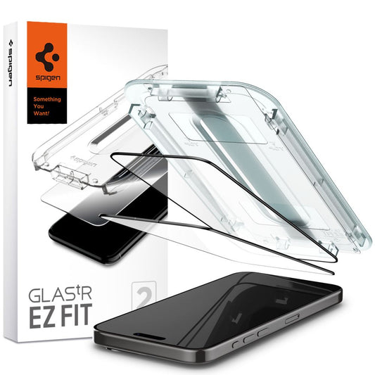 Spigen EZ FIT Screen Protector за Apple iPhone 15 Pro Max, Стъклен протектор, с пълно лепило, комплект 2 броя, 2.5D, черен AGL06873 AGL06873