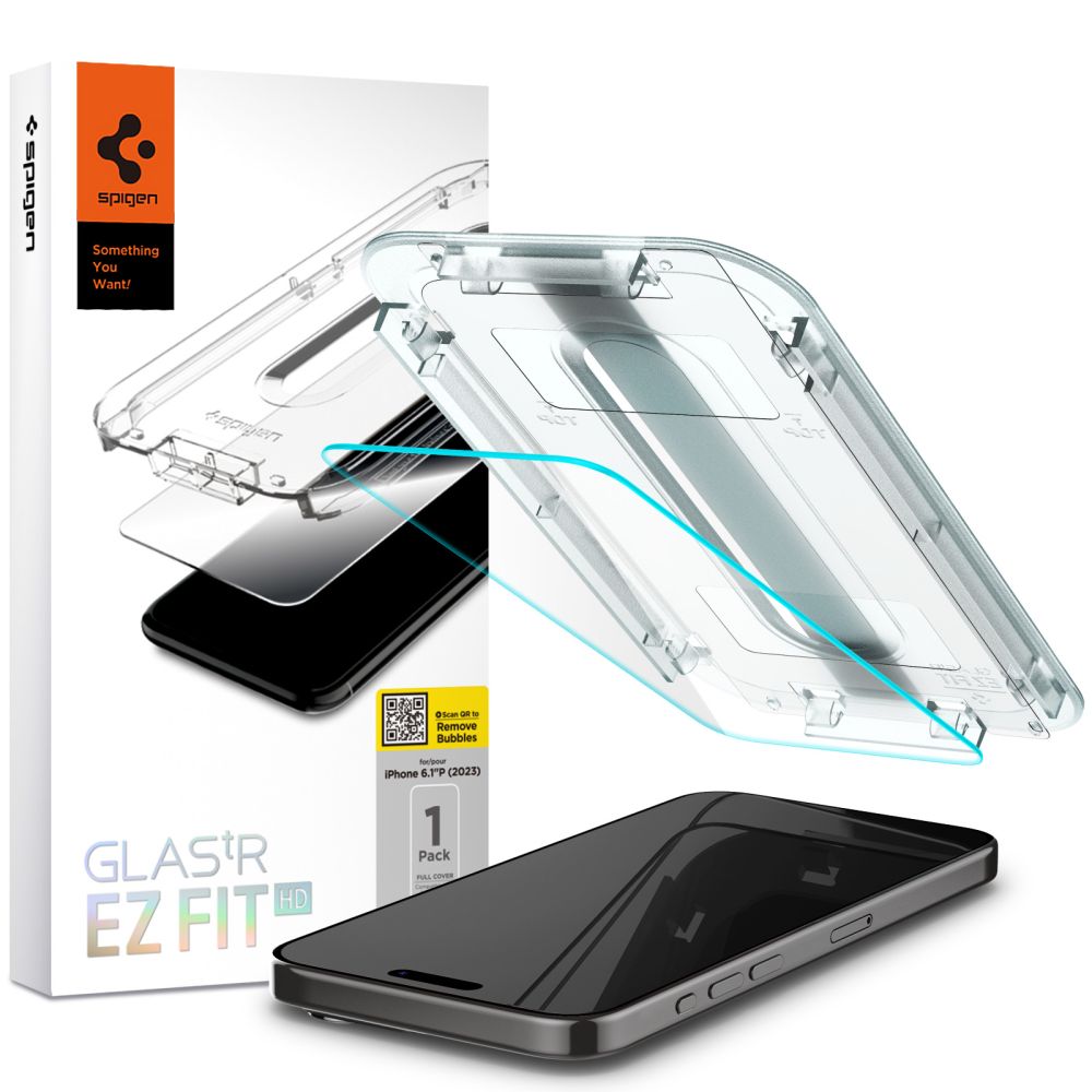 Защитно фолио за екран Spigen GlastR EZ FIT HD за Apple iPhone 15 Pro, закалено стъкло, пълно лепило, 2.5D AGL06898