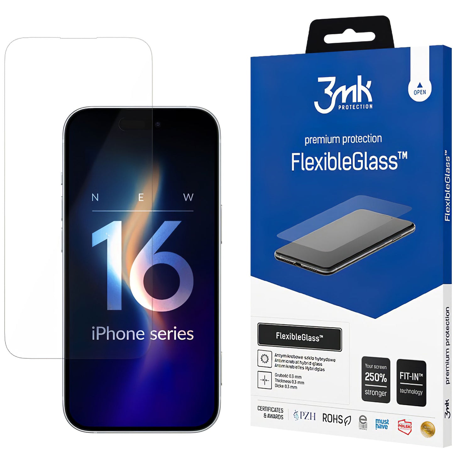 Протектор за екран 3MK FlexibleGlass за Apple iPhone 16, гъвкаво стъкло, пълно залепване