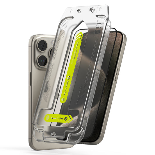 Защитно фолио за екран Ringke Easy Slide за Apple iPhone 15 Pro Max, закалено стъкло, пълно залепване, комплект от 2 броя, черно