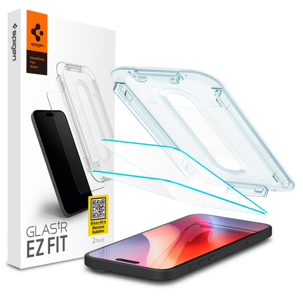 Защитно фолио за екран Spigen GlastR EZ FIT за Apple iPhone 17 Pro / 17 / 16 Pro, закалено стъкло, пълно залепване, комплект 2 броя