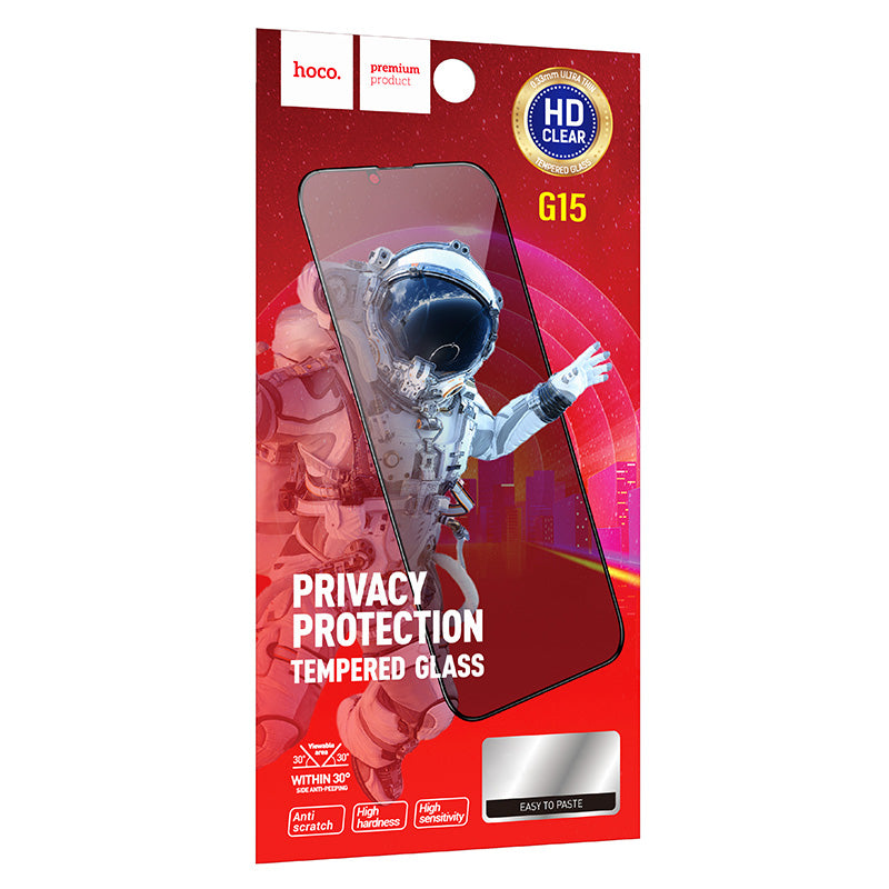Защитно фолио за екран Privacy HOCO G15 за Apple iPhone 16 / 15, Закалено стъкло, Пълно лепило, 5D