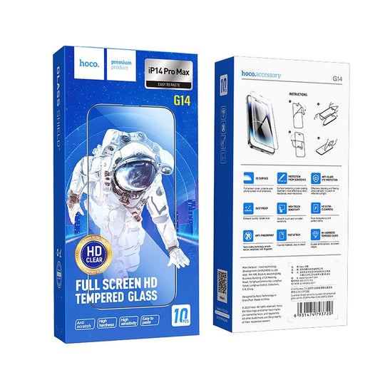Защитно фолио HOCO за екран на Apple iPhone 14 Pro Max, закалено стъкло, пълно лепило, комплект от 10 броя, черно