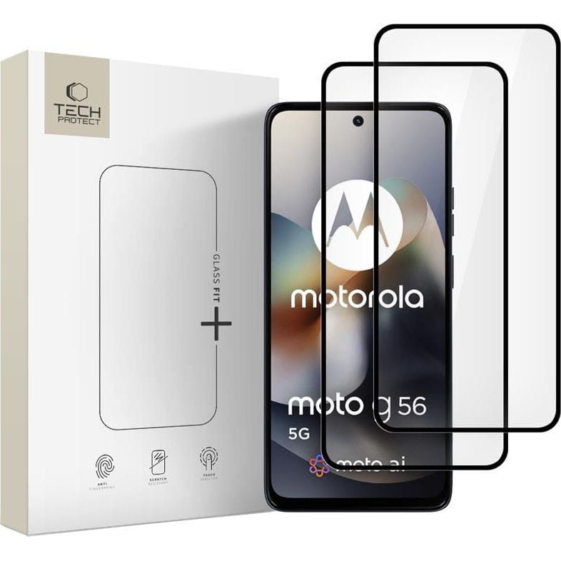 Защитно фолио за екран Tech-Protect FIT+ за Motorola Moto G56, закалено стъкло, пълно лепене, комплект от 2 броя, 2.5D, черно