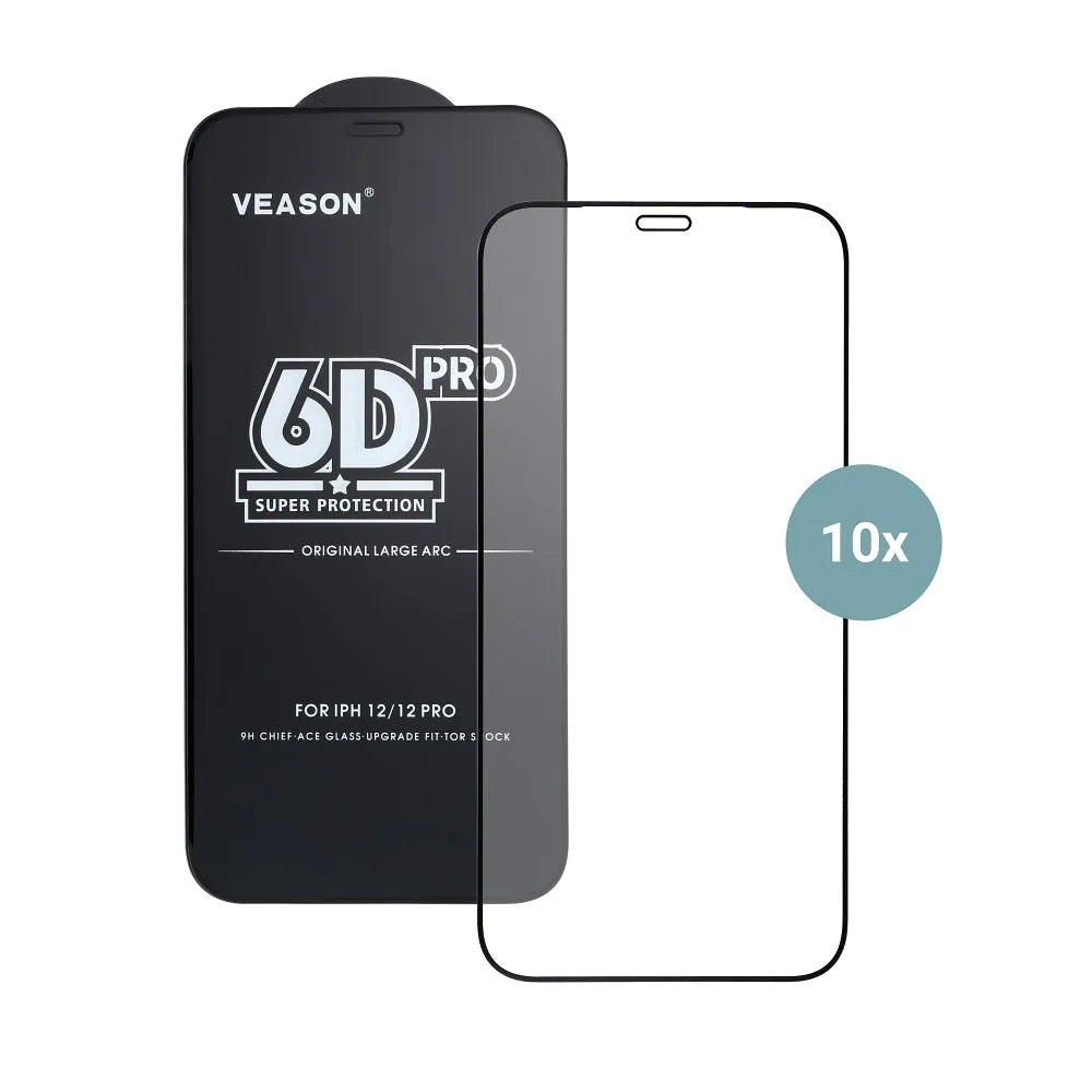 Протектор за екран Veason PRO за Apple iPhone 17 Pro, закалено стъкло, пълно залепване, комплект от 10 броя, 6D, черен
