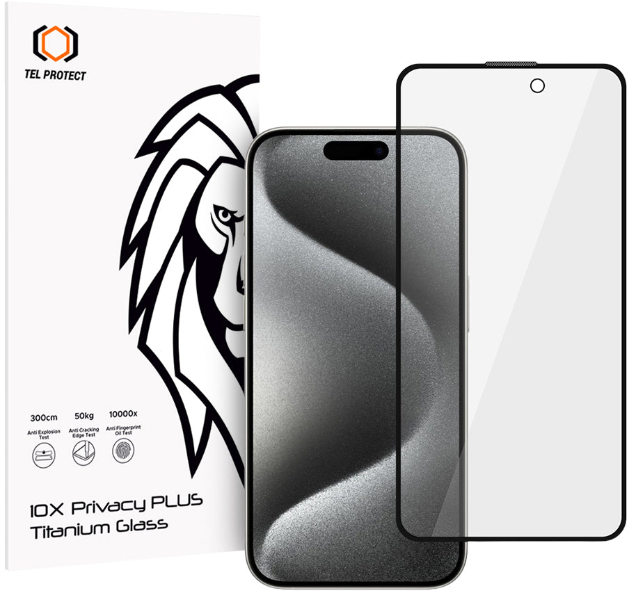 Протектор за екран Privacy Tel Protect 10X Plus Titanium за Apple iPhone 17 / 16 Pro, закалено стъкло, Full Glue