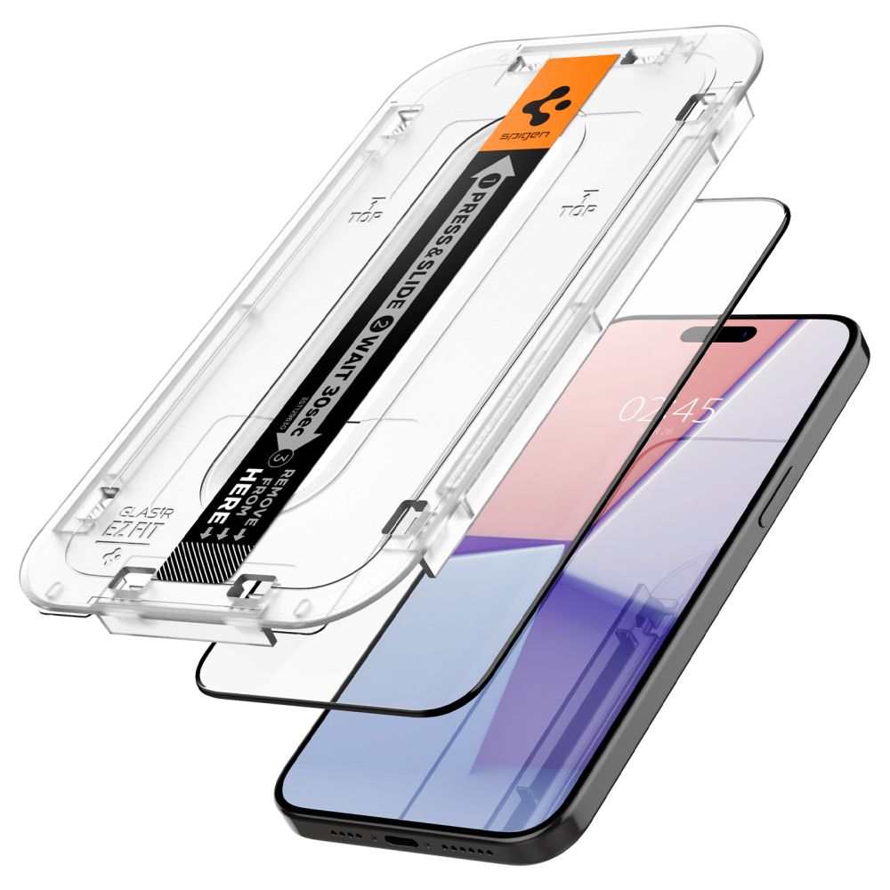 Защитно фолио за екран Spigen GlastR EZ FIT HD за Apple iPhone 15, закалено стъкло, пълно лепило, 2.5D, черно AGL06908
