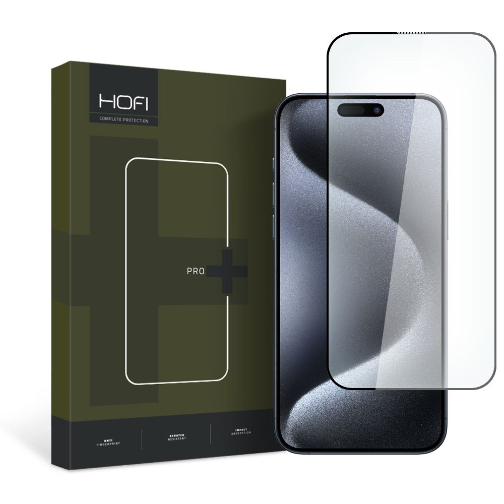 Защитно фолио за екран HOFI PRO+ за Apple iPhone 15 Pro Max, закалено стъкло, пълно лепило, 2.5D, черно