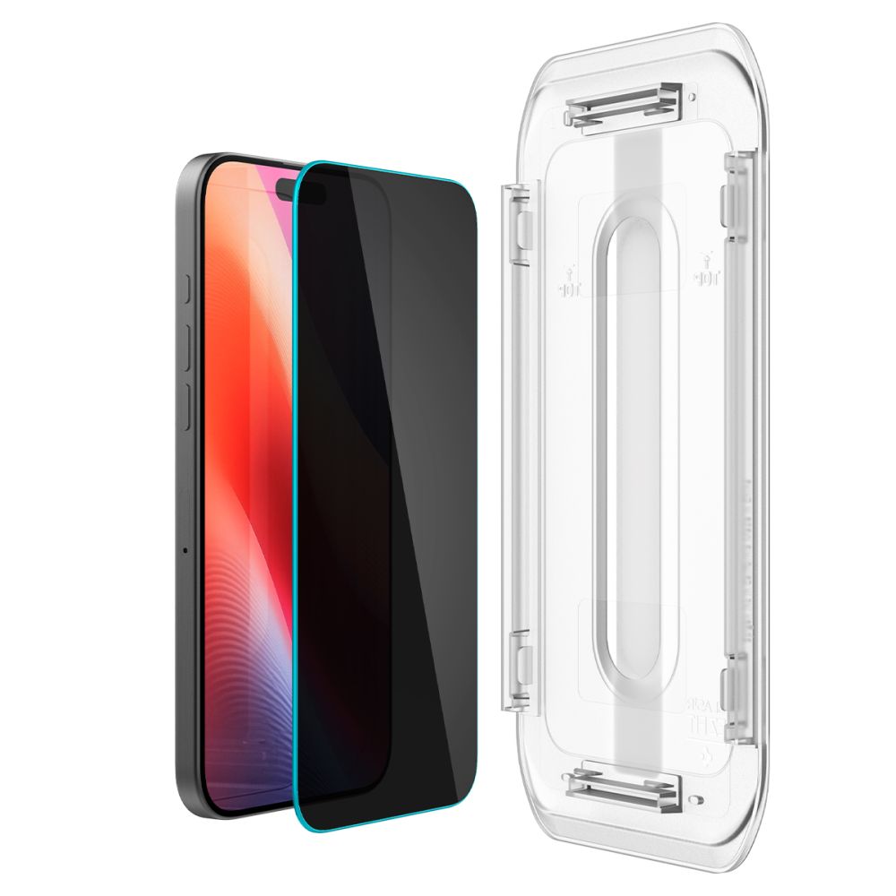 Защитно фолио за екран Privacy Spigen GlastR EZ FIT за Apple iPhone 17 Pro / 17 / 16 Pro, Закалено стъкло, Пълно лепило, Комплект 2 броя AGL07929