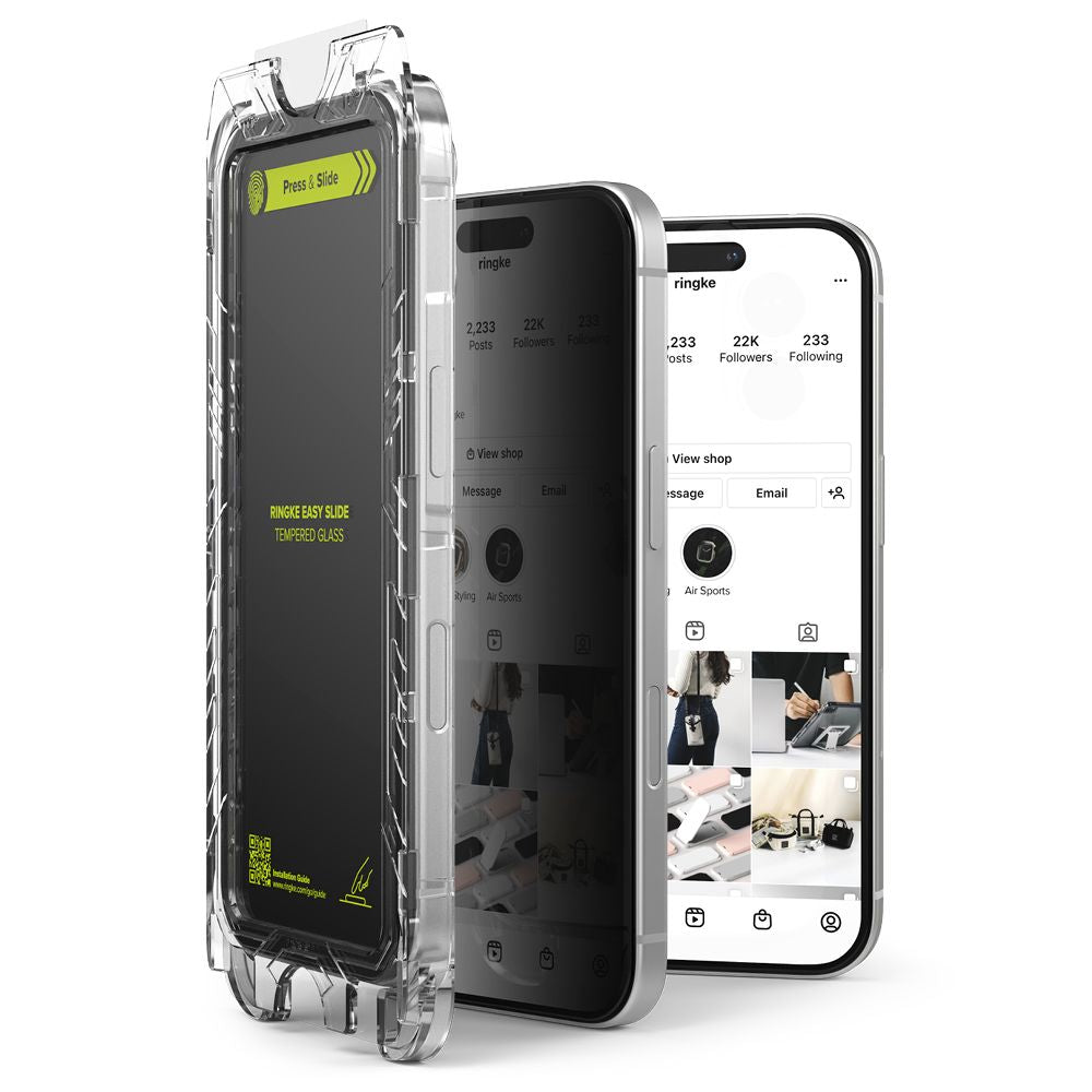 Защитно фолио за екран Privacy Ringke Easy Slide за Apple iPhone 16 / 15, закалено стъкло, пълно залепване, комплект от 2 броя
