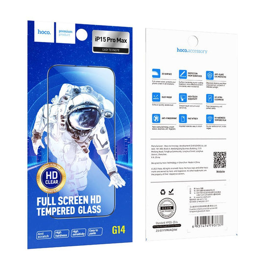 Защитно фолио за екран HOCO G14 за Apple iPhone 15 Pro Max, закалено стъкло, пълно лепене, комплект от 10 броя, 5D, черно