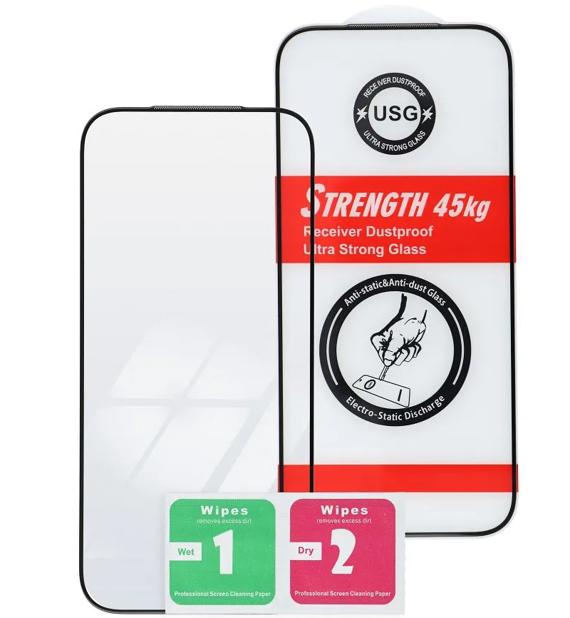 Протектор за екран OEM Ultra Strong 45KG за Apple iPhone 17 / 16 Pro, закалено стъкло, пълно залепване, 2.5D, черен