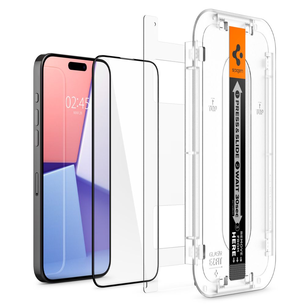 Защитно фолио за екран Spigen GlastR EZ FIT HD за Apple iPhone 15, закалено стъкло, пълно лепило, 2.5D, черно AGL06908