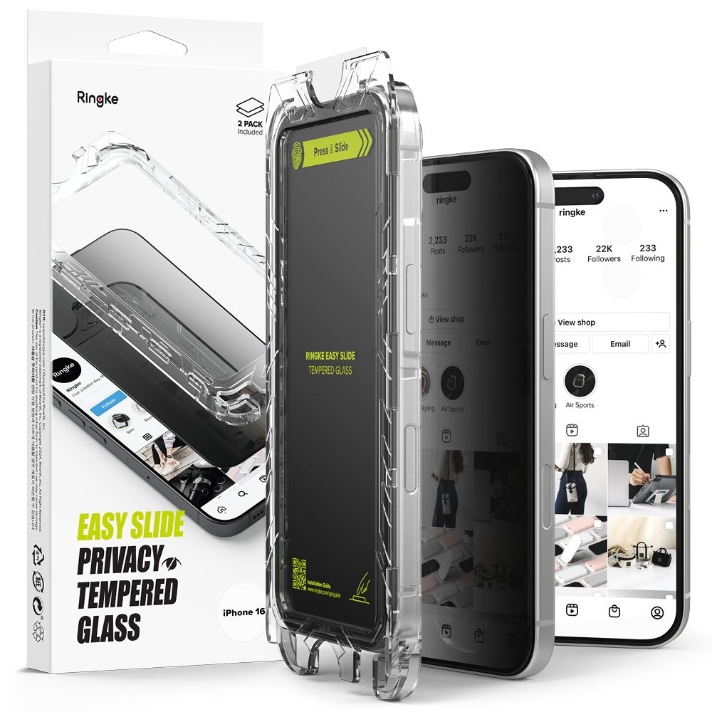 Защитно фолио за екран Privacy Ringke Easy Slide за Apple iPhone 16 / 15, закалено стъкло, пълно залепване, комплект от 2 броя