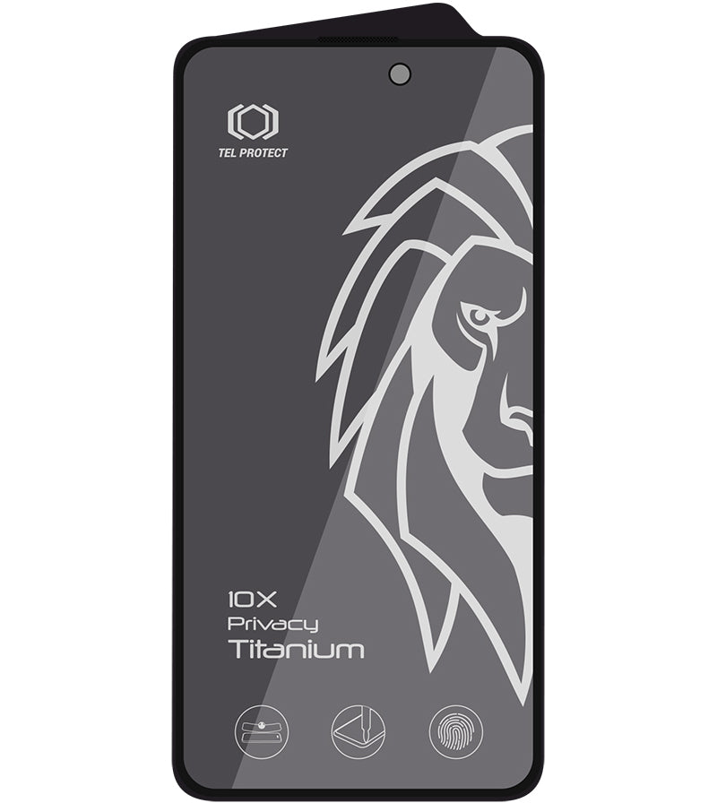 Протектор за екран Privacy Tel Protect 10X Plus Titanium за Apple iPhone 17 / 16 Pro, закалено стъкло, Full Glue