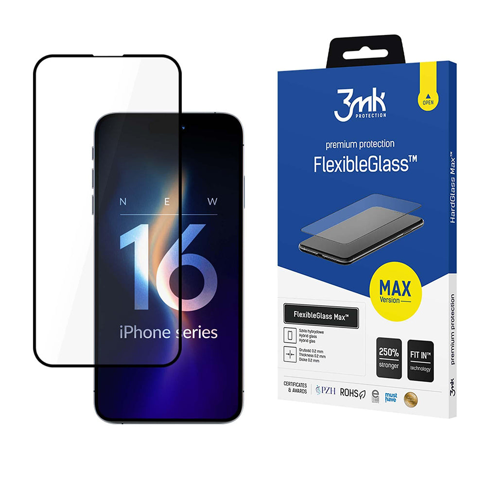 Протектор за екран 3MK FlexibleGlass Max за Apple iPhone 16 Pro, гъвкаво стъкло, пълно залепване, черен