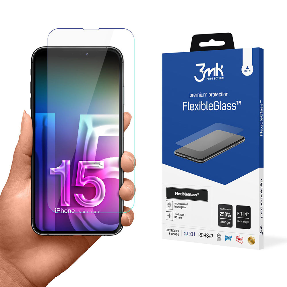 Протектор за екран 3MK FlexibleGlass за Apple iPhone 15, гъвкаво стъкло, пълно залепване