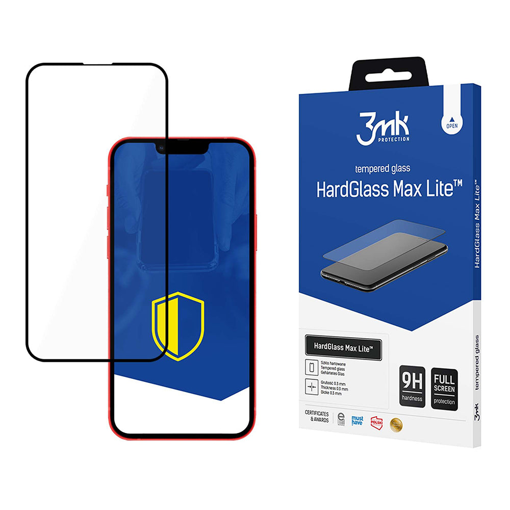 Протектор за екран 3MK HardGlass Max Lite за Apple iPhone 17e / 16e / 14 / 13 Pro, закалено стъкло, пълно залепване, черен