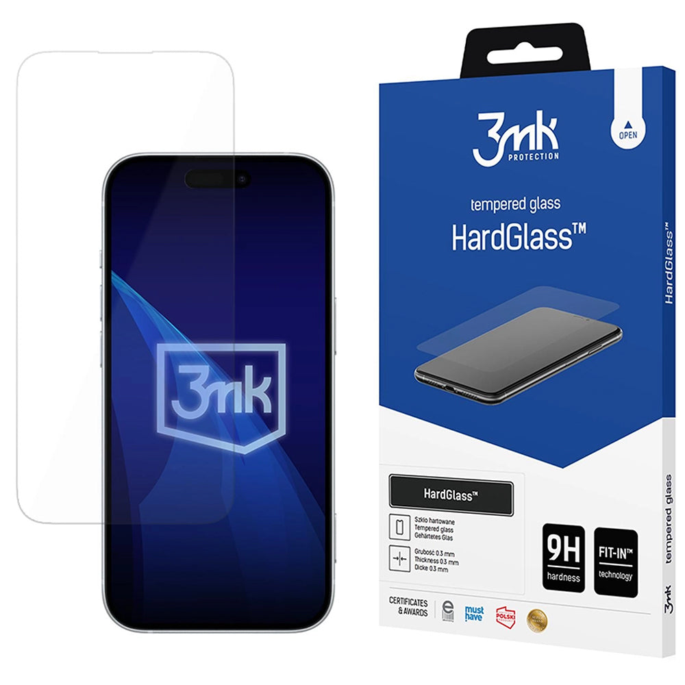 Протектор за екран 3MK HardGlass за Apple iPhone 18 Pro / 17 Pro / 17 / 16 Pro, закалено стъкло, пълно залепване
