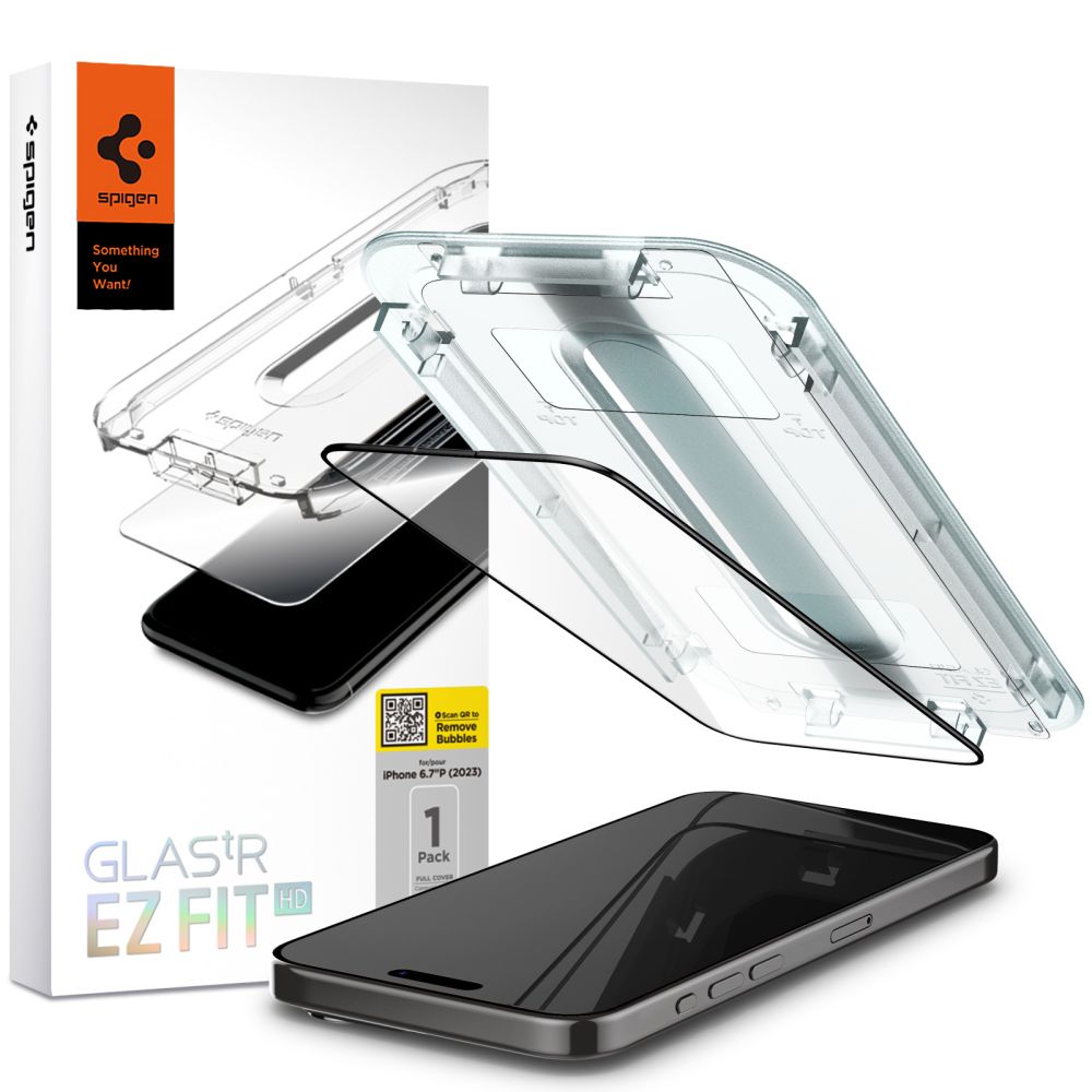 Защитно фолио за екран Spigen GlastR EZ FIT HD за Apple iPhone 15, закалено стъкло, пълно лепило, 2.5D, черно AGL06908