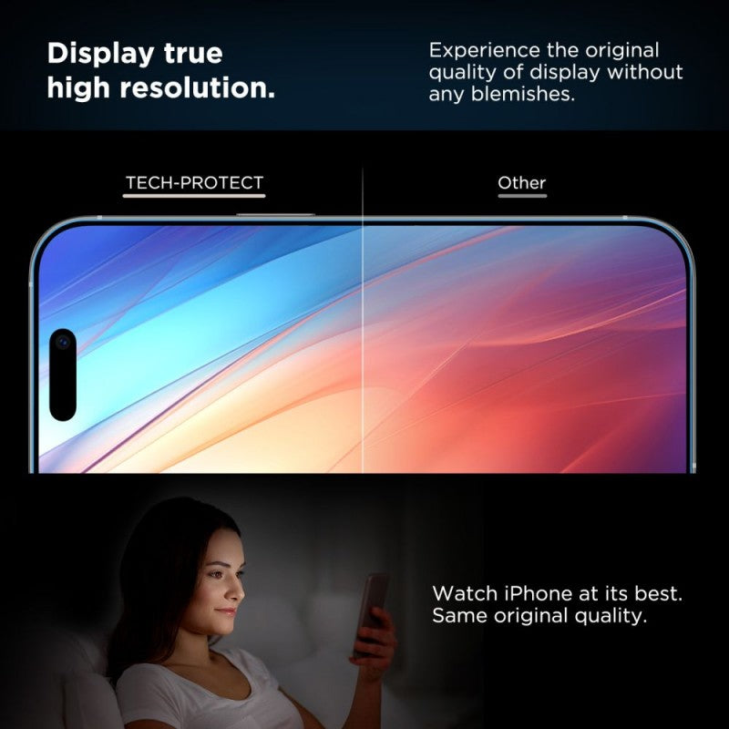 Защитно фолио за екран Tech-Protect Quick Set+ за Apple iPhone 17e / 16e / 14 / 13 Pro, Закалено стъкло, Пълно залепване, Комплект 2 броя, Черно