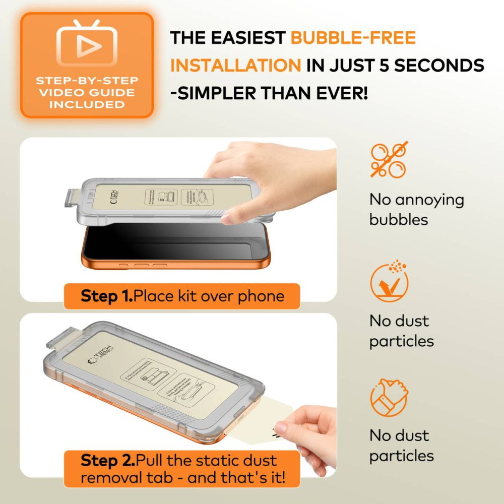 Защитно фолио за екран Tech-Protect Quick Set+ за Apple iPhone 17, Закалено стъкло, Пълно лепило, Комплект 2 броя, Черно