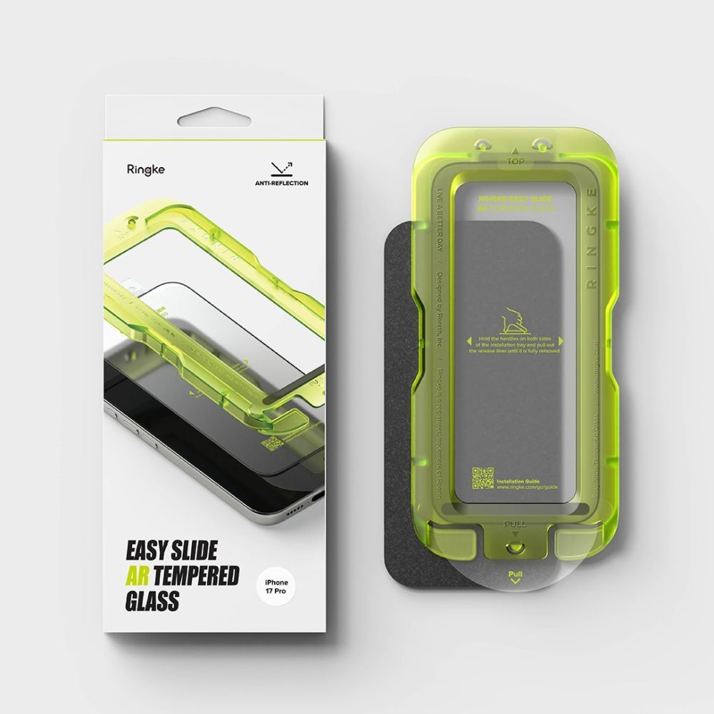 Протектор за екран Ringke Easy Slide AR за Apple iPhone 17 Pro, закалено стъкло, пълно залепване, 2.5D, черен