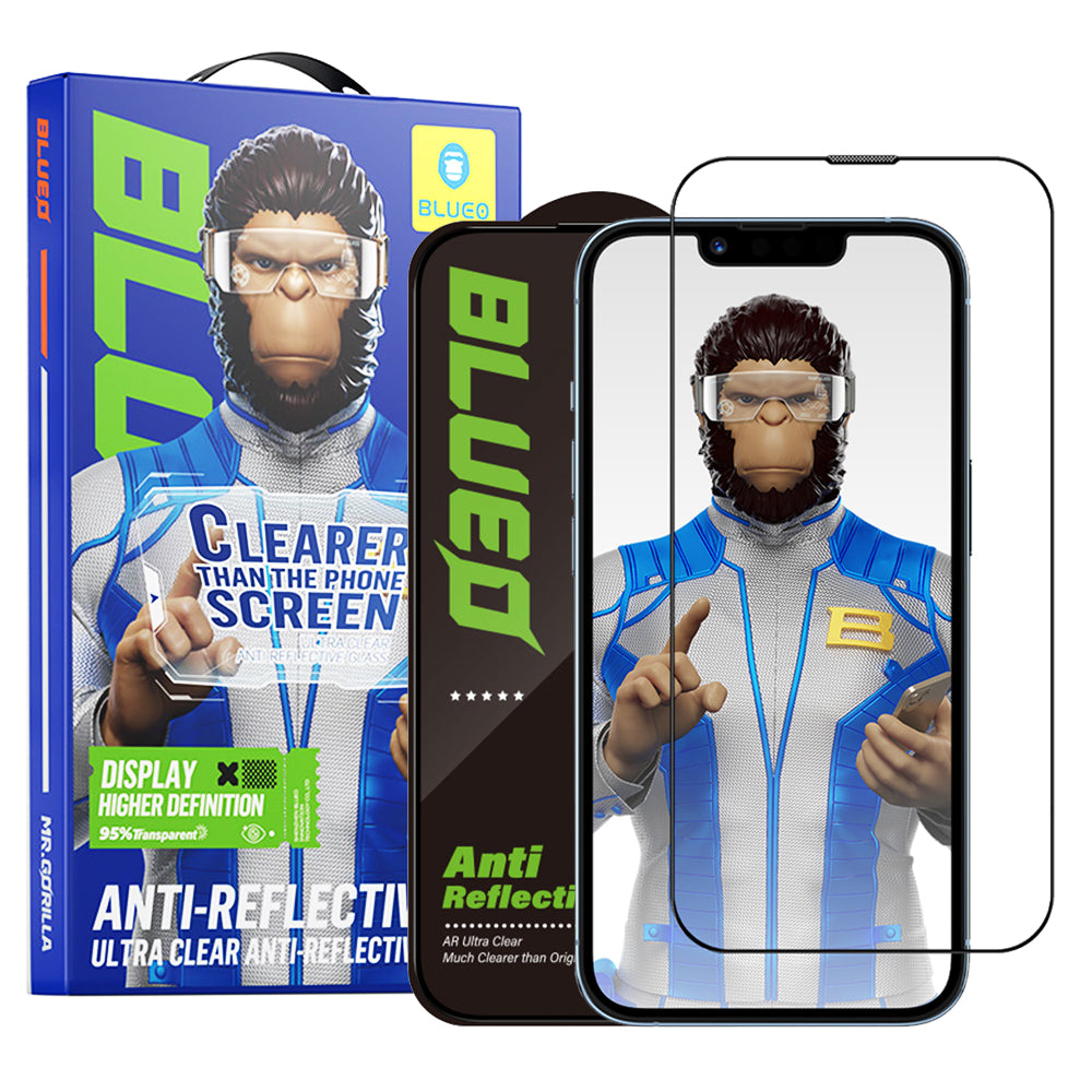 Протектор за екран Blueo Anti-Reflective HD за Apple iPhone 17e / 16e / 14 / 13 Pro, закалено стъкло, пълно залепване, черен
