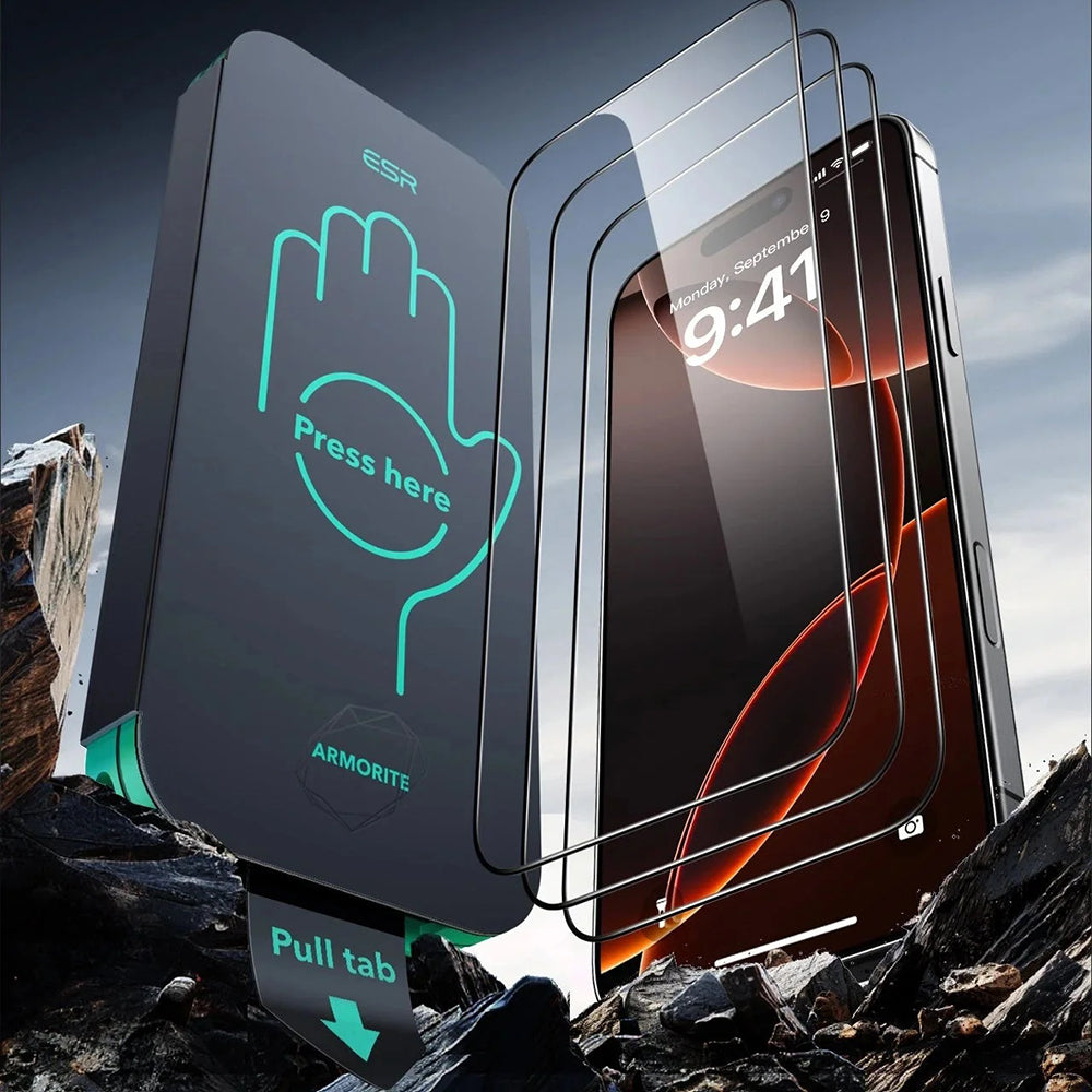 Защитно фолио ESR Armorite UltraFit за Apple iPhone 17 Air, Закалено стъкло, Пълно лепене, Комплект от 3 броя, Черно