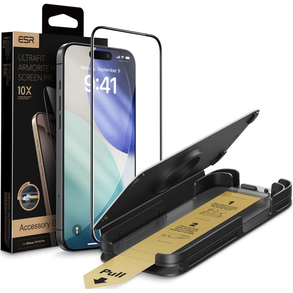 Защитно фолио ESR UltraFit Armorite Pro за Apple iPhone 17 / 16 Pro, закалено стъкло, Full Glue, черно