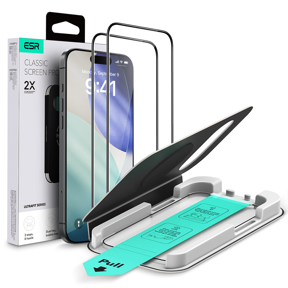 Протектор за екран ESR UltraFit Classic за Apple iPhone 18 Pro / 17 Pro, закалено стъкло, пълно залепване, комплект от 2 броя, черен