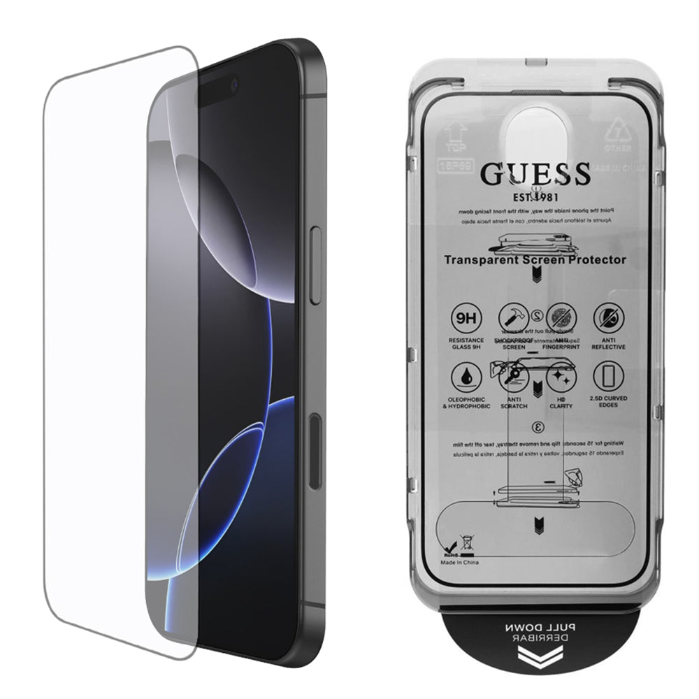 Защитно фолио Guess Classic Outline за Apple iPhone 16 Pro Max, закалено стъкло, Full Glue, 2.5D, черно