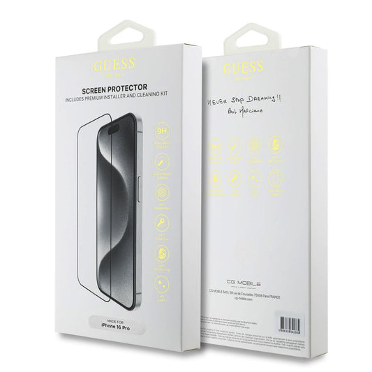 Защитно фолио Guess Classic Outline за Apple iPhone 16 Pro Max, закалено стъкло, Full Glue, 2.5D, черно GUTGP16XBOKGCIT