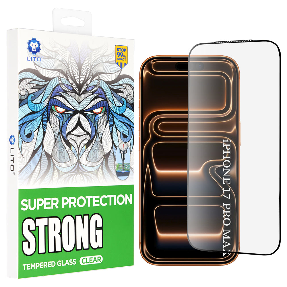 Защитно фолио Lito D+ Max Strong за Apple iPhone 17 Pro Max, закалено стъкло, пълно лепило, черно