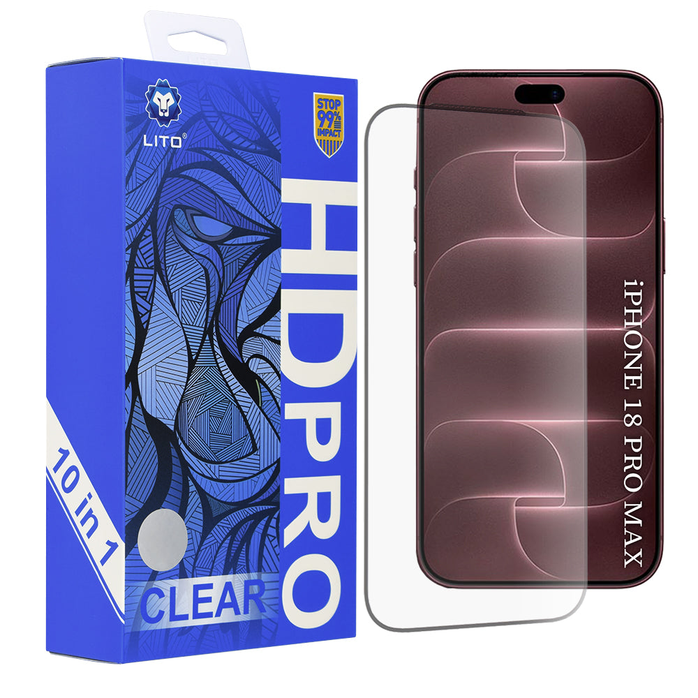 Защитно фолио за екран Lito HD Pro за Apple iPhone 18 Pro Max / 17 Pro Max, закалено стъкло, Full Glue, комплект от 10 броя, черно